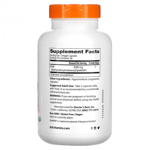 Doctor's Best, МСМ с OptiMSM, 1000 мг, 180 растительных капсул Doctor's Best, МСМ с OptiMSM, 1000 мг, 180 растительных капсул